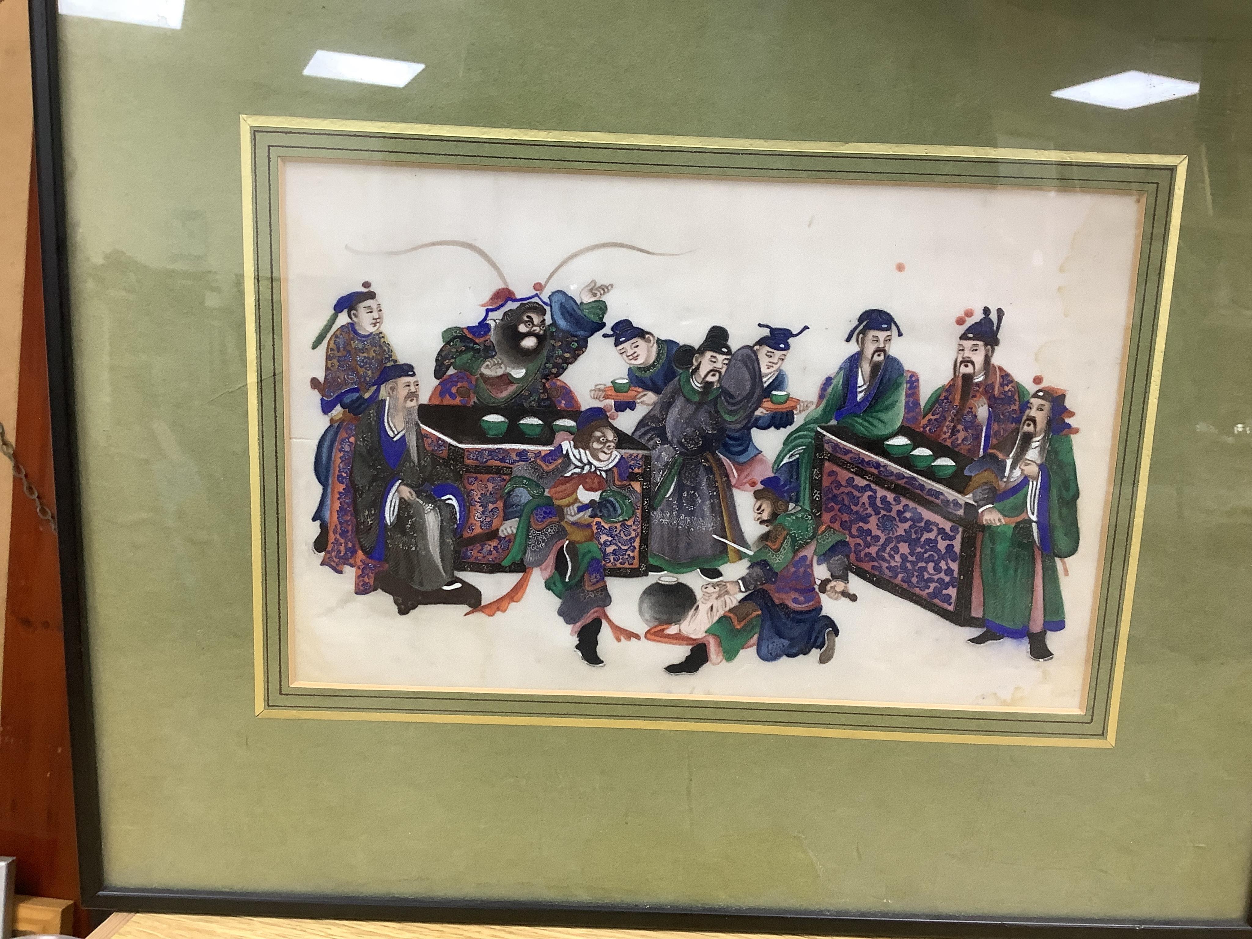A collection of Chinese and Japanese paintings to include; a pair of Chinese pith paper paintings and Japanese woodblock prints, largest 18 x 30cm. Condition - varies, mostly fair